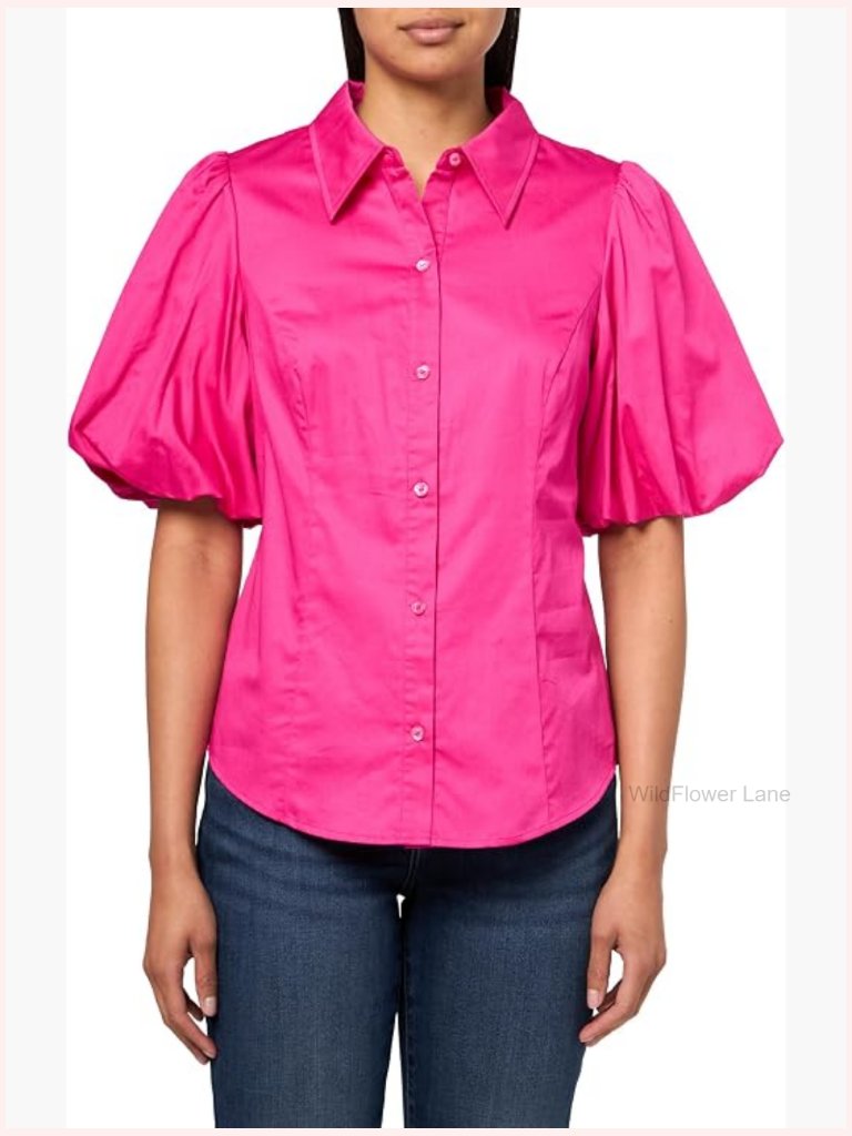 Button Down Top With Short Puff Sleeves Collared Neck Regular Fit Cotton
